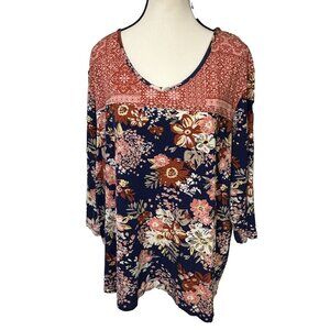 BLAIR Women’s Top Plus Size 2XL Blue W/ Floral 3/4 Sleeves B52